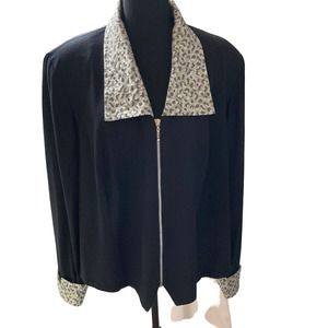 Vintage Black Zip Blazer w Silver Cheetah Print Collar & Cuffs, Women's Size 20